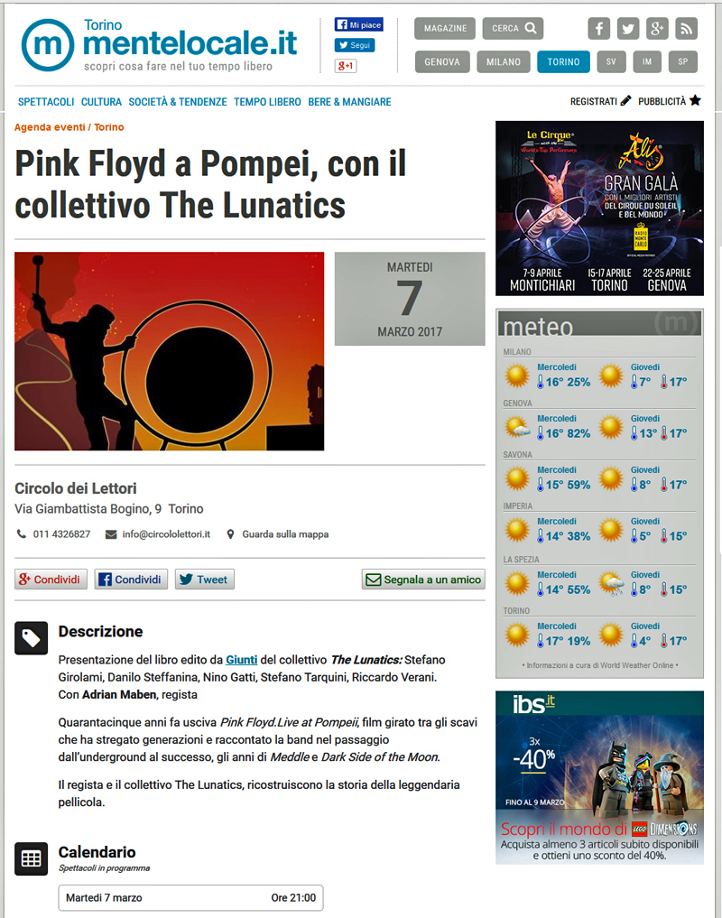 The Lunatics - Presentazione ufficiale del libro Pink Floyd A Pompei - TORINO 7 Mar. 2017 - Mentelocale