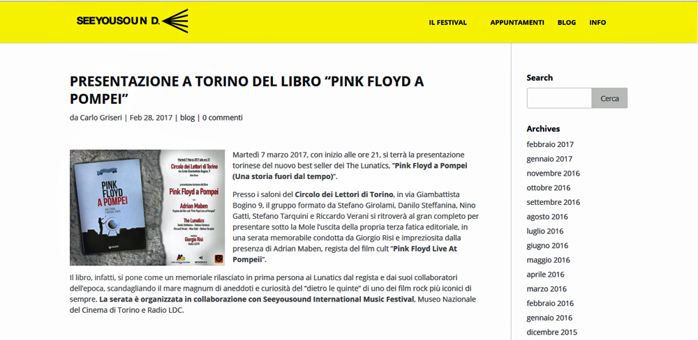 The Lunatics - Presentazione ufficiale del libro Pink Floyd A Pompei - TORINO 7 Mar. 2017 - agenda SEEYOUSOUND